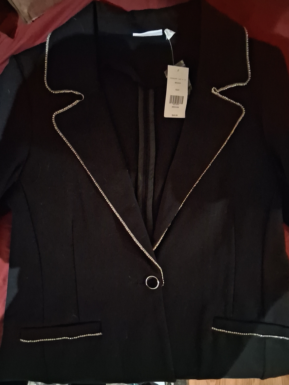 Black Rhinestone-Trim Single-Button Women's Blazer